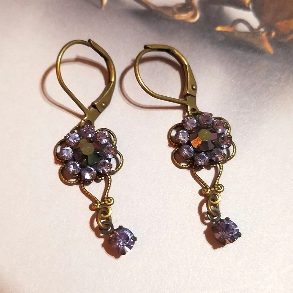 Vintage Filigree Purple and Black Crystal Dangle Earrings - Picture 4 of 6